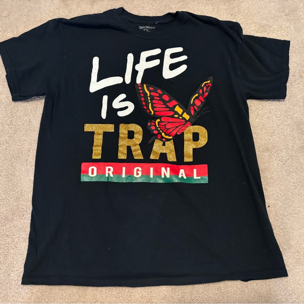 3Forty Inc Mens Large Life Is Trap Trappin Black Graphic Tee Butterfly